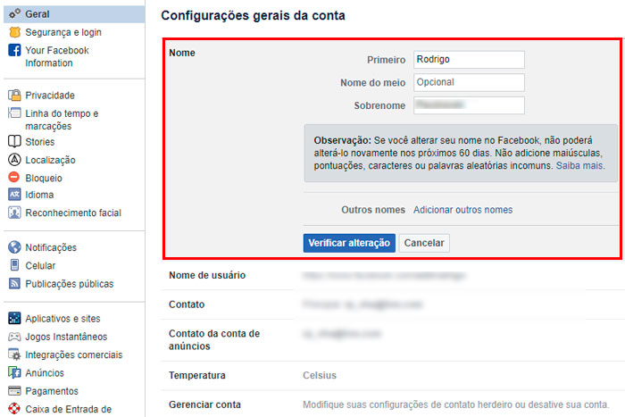 configurações gerais do Facebook