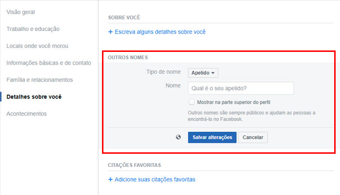 detalhes sobre você do Facebook